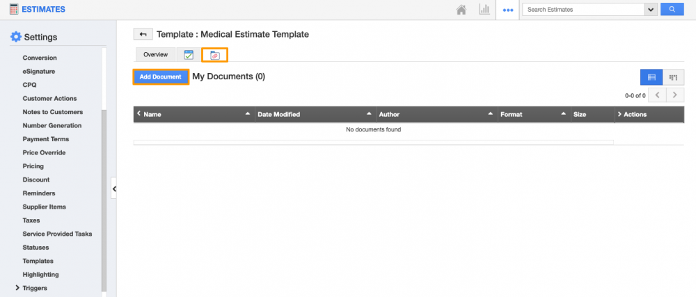 Tasks and Documents on Estimates Templates